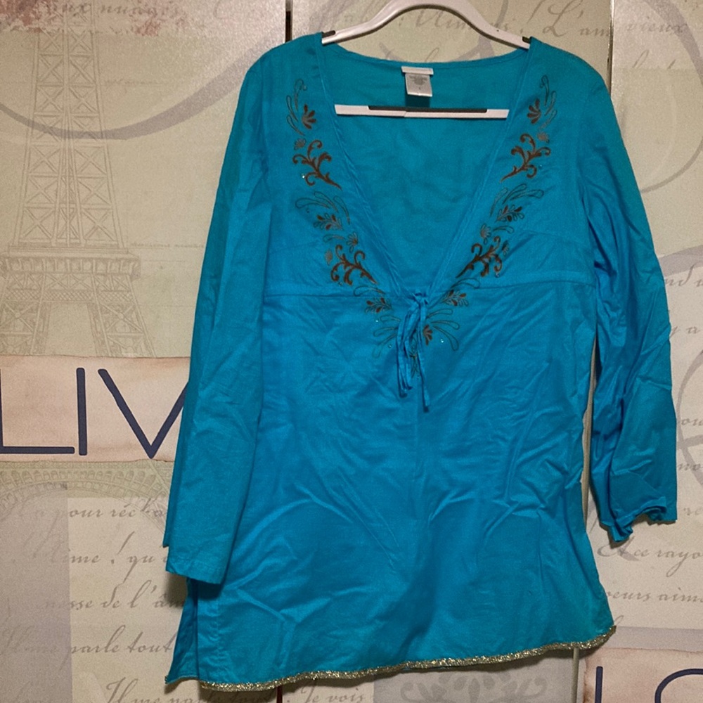 Blouse Blue SzL with Sequins and gold Lace on bottom